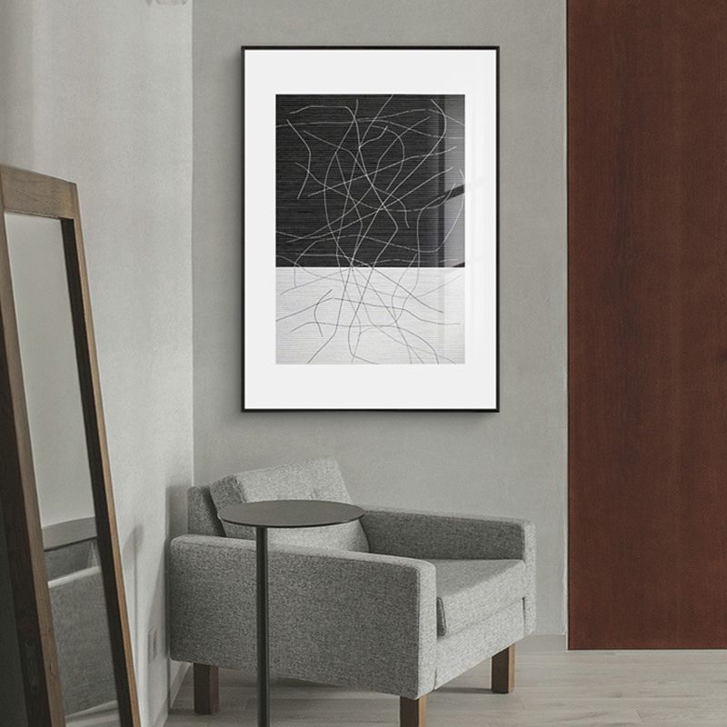 Minimalism Style Irregular Line Art in Black Textured Wall Print for Living Room