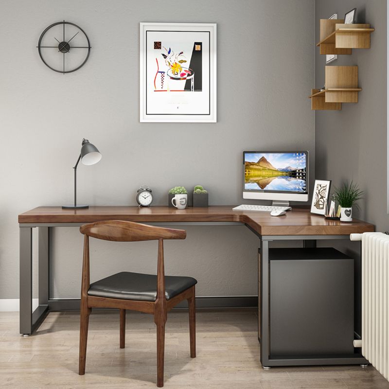 Industrial Solid Wood Writing Desk L-Shape Trestle Base Office Desk