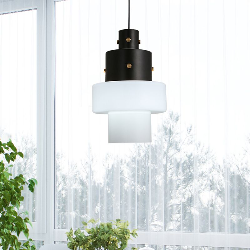 Column Bedroom Ceiling Pendant Light Industrial  Style White Glass 1 Head Black Down Lighting