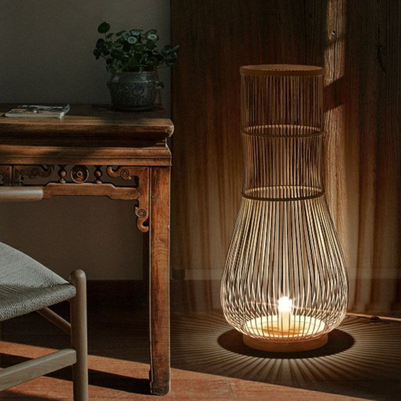 Fish Trap Bamboo Standing Light Minimalist Single-Bulb Brown Floor Lighting for Restaurant