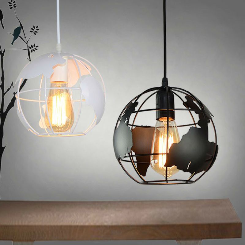 Loft Style World Globe Pendant Light Light Single-Bulb Fer Hanging Lamping For Kids Bedroom