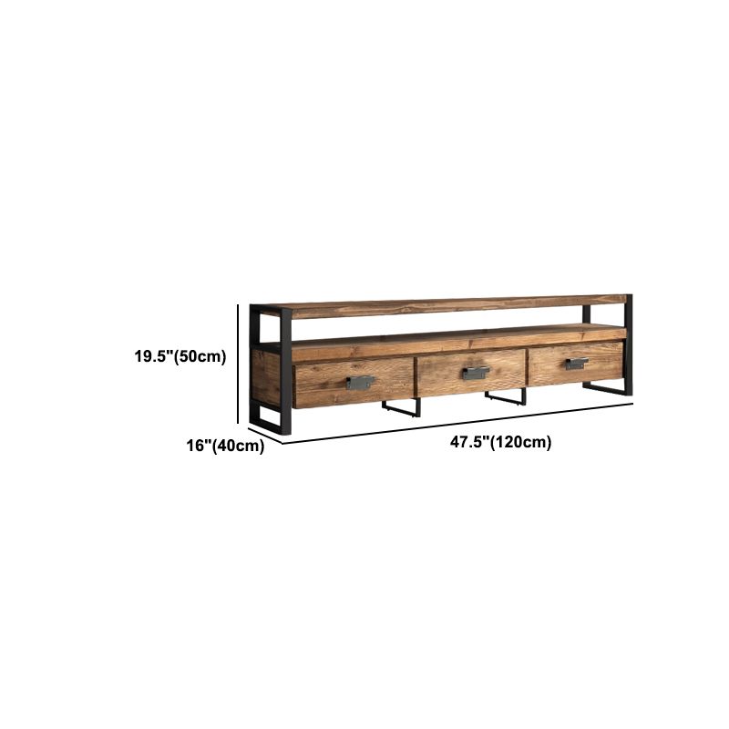 Brown Media Console with Shelves Industrial Pine Wood Top TV Media Stand