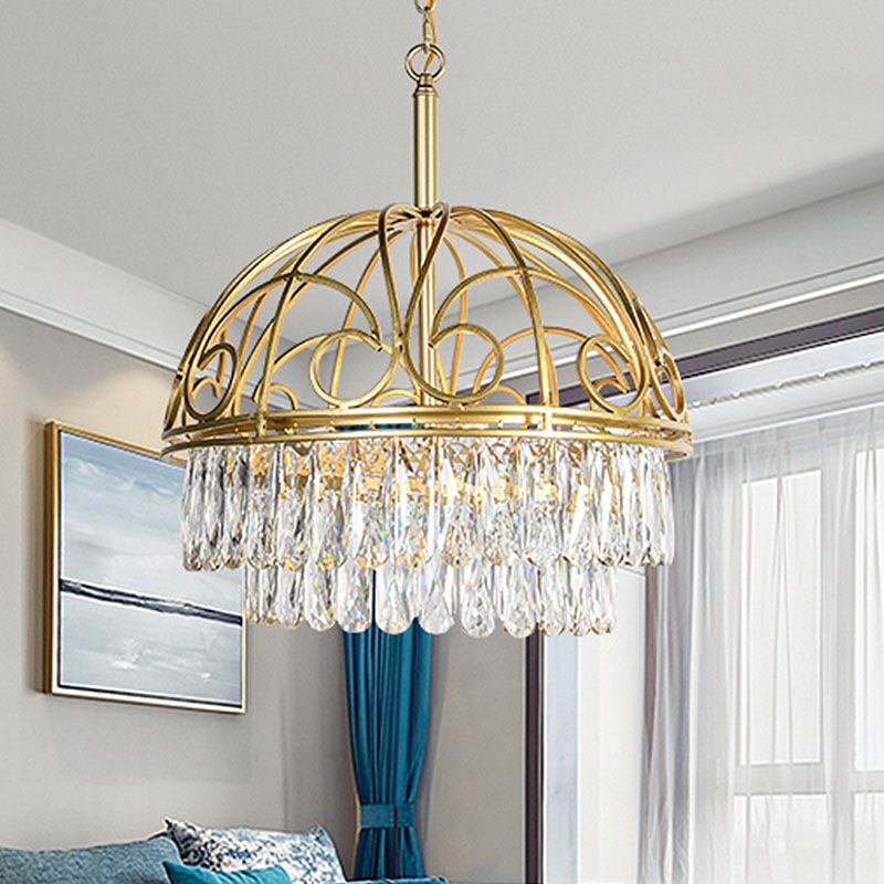 Domed Crystal Chandelier Lamp Lodge 6 Lights Living Room Ceiling Hang Fixture in Gold