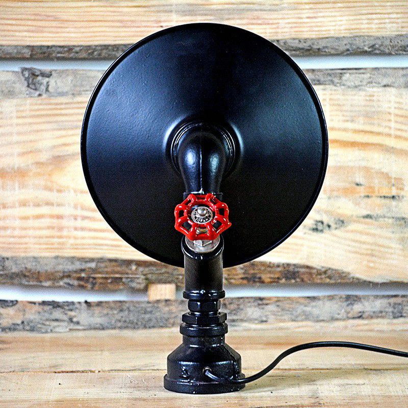 Industrial Flared Shade Night Lamp 1-Bulb Iron Table Light in Black with Decorative Red Valve