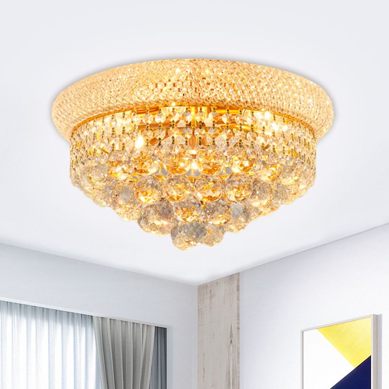 Crystal Orb Cone Flush Mount Contemporary 16"/23.5" W 6/9 Heads Close to Ceiling Light in Gold for Bedroom