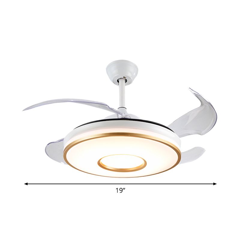 19" Wide Circle Hanging Fan Lamp Minimal Acrylic Dining Room LED Semi Flush Mount Lighting in White with 4 Blades