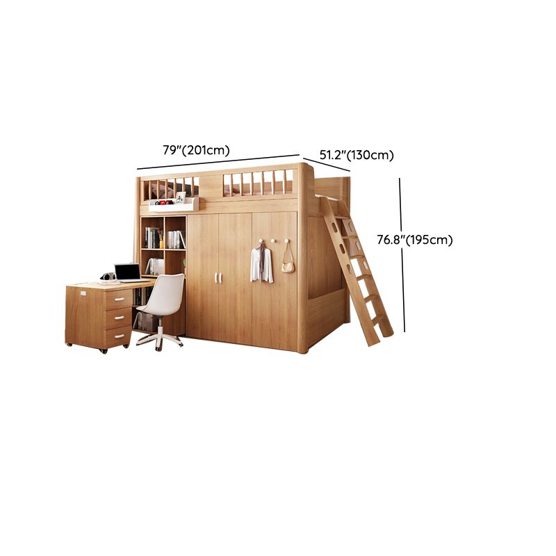 Scandinavian Wood High Loft Bed Natural Bunk Bed with Stairway and Storage