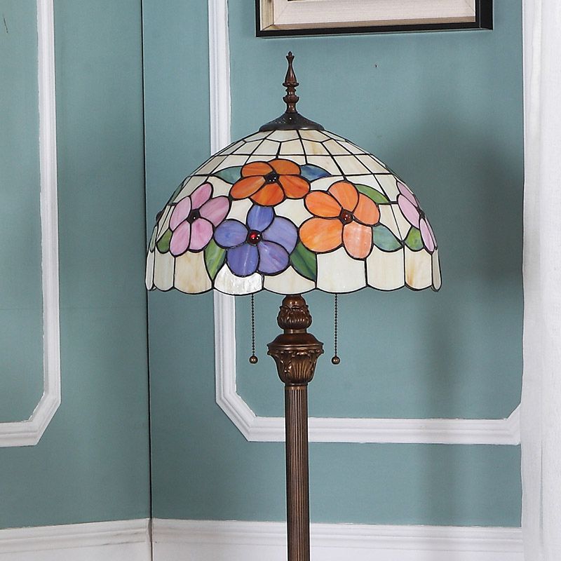 Stained Glass Beige Stand Up Lamp Flower 2 Bulbs Vintage Pull Chain Floor Lighting for Living Room