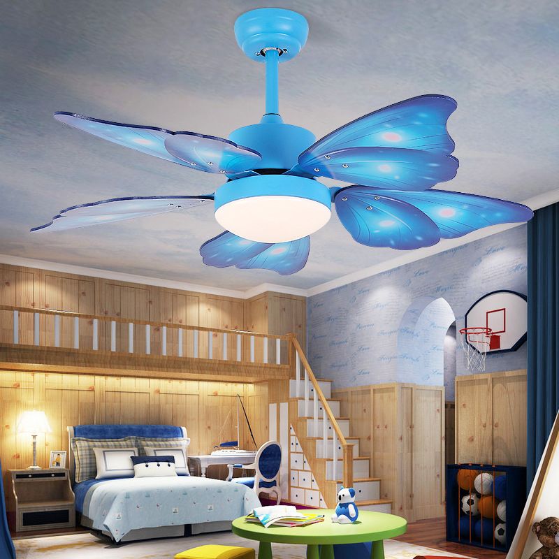 Kids Style Butterfly Ceiling Fan Blue / Pink LED Fan Light with Wood Blade