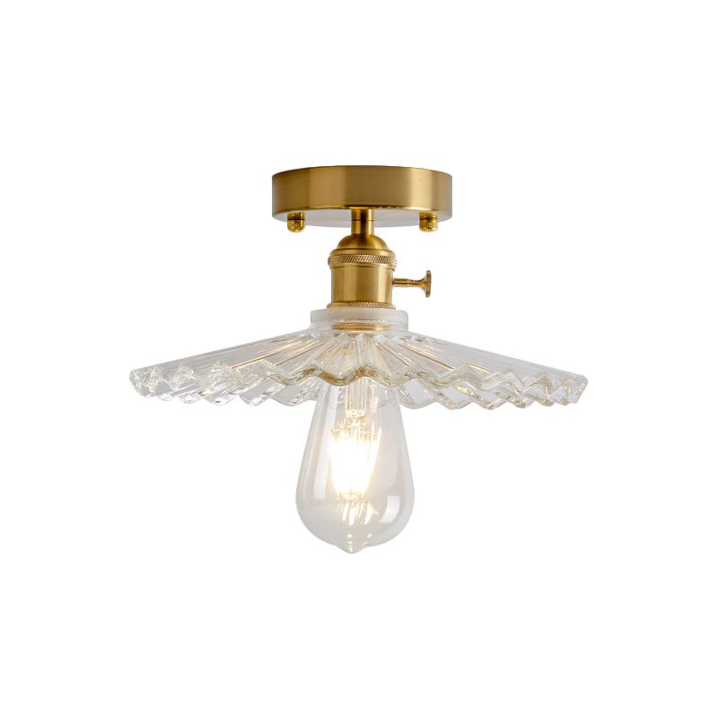 1 Light Ceiling Light with Dome/Barn/Flower Shade Amber/Clear Textured Glass Industrial Living Room Semi Flush in Brass