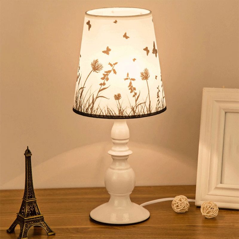 White 1��Head Table Lighting Classic Patterned Fabric Bucket Nightstand Lamp with Baluster Base