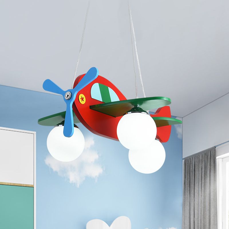 Kids Airplane Suspended Lighting Fixture Frosted Glass 3-Bulb Nursery Cluster Pendant Light in White/Red