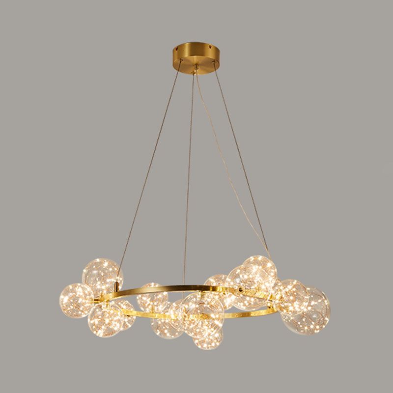 Living Room LED Chandelier Lamp Minimal Gold Pendant Lighting with Orb Clear Glass Shade