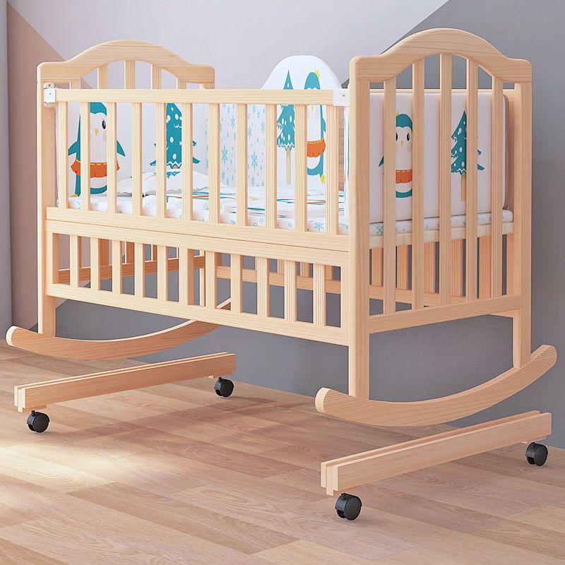 2-in-1 Wooden Crib with Casters Natural Mini Crib with Guardrail and Mattress