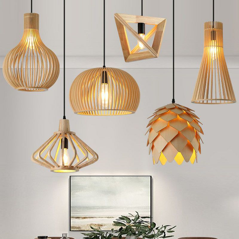 Japanese Style Shaded Ceiling Light Wood Single-Bulb Restaurant Hanging Pendant Lighting