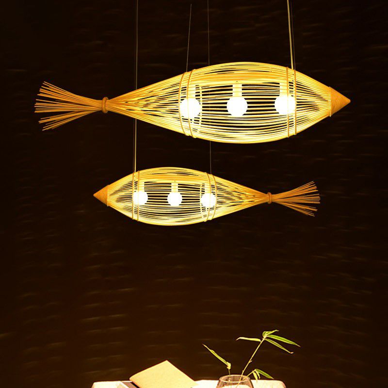 Fish Restaurant Chandelier Pendant Light Bamboo 3-Bulb Asie Lampe suspendue en bois