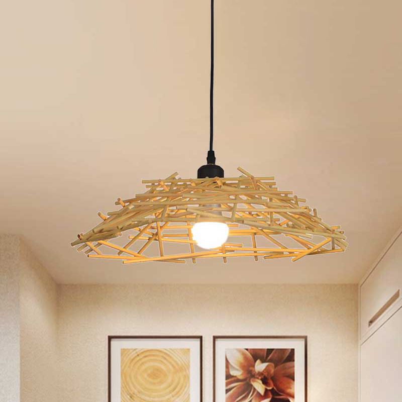 13"/18" Wide Wood Bird Nest Suspension Pendant Light Japanese 1 Bulb Bamboo Hanging Lamp for Bedroom Dining Room