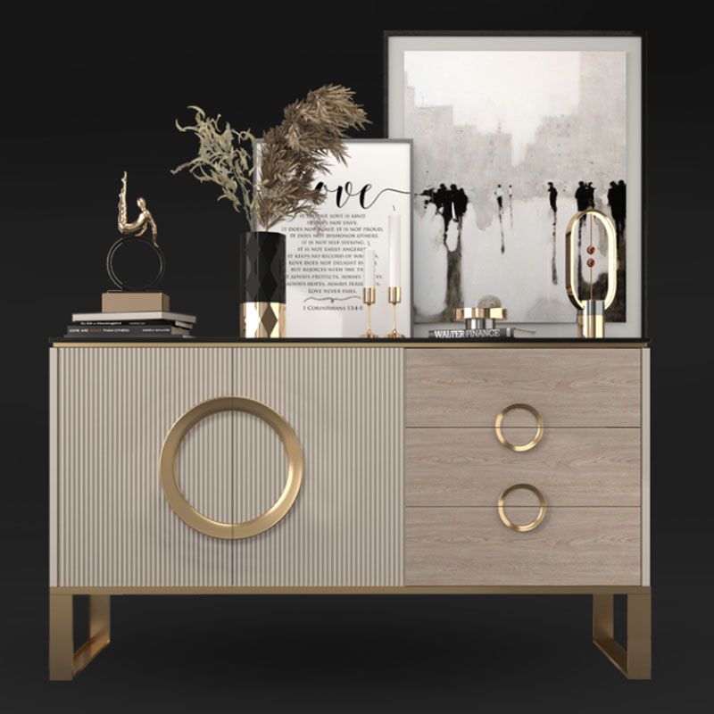 Glam Style Stone Buffet Stand Metal Cabinets Sideboard with 3-Drawer