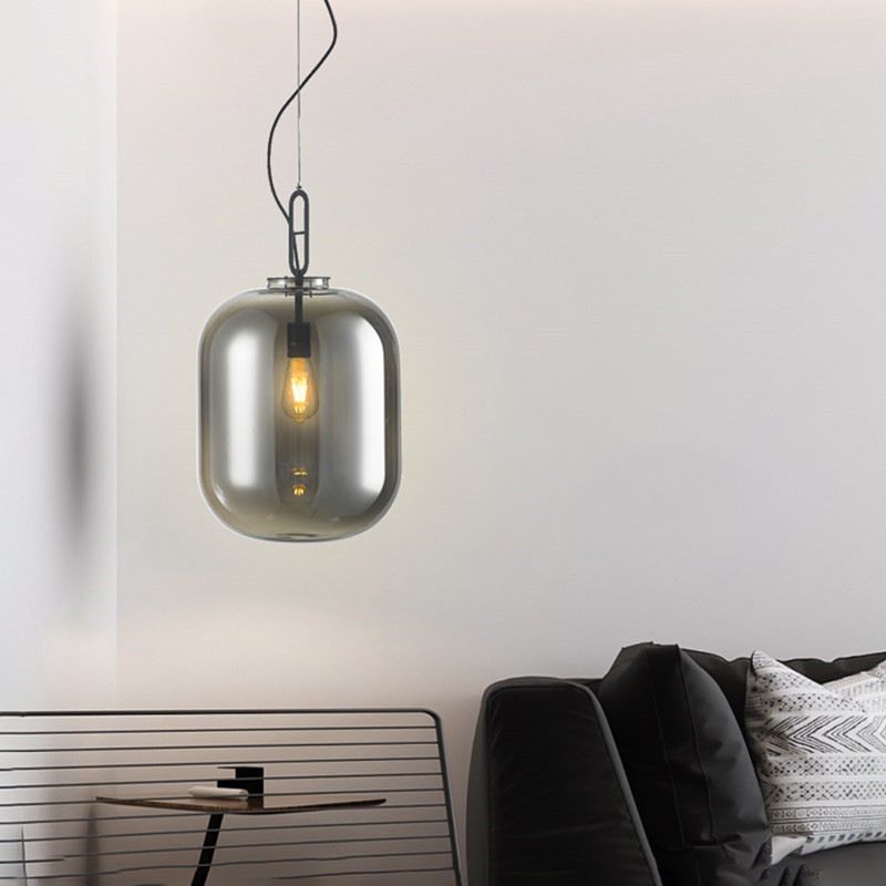 Black Ovale Ceiling Hang Light Modernism 1 Bulb Smoke Grey/Amber Glass Pendant Lighting Fixture, 9.5"/14"/17" W