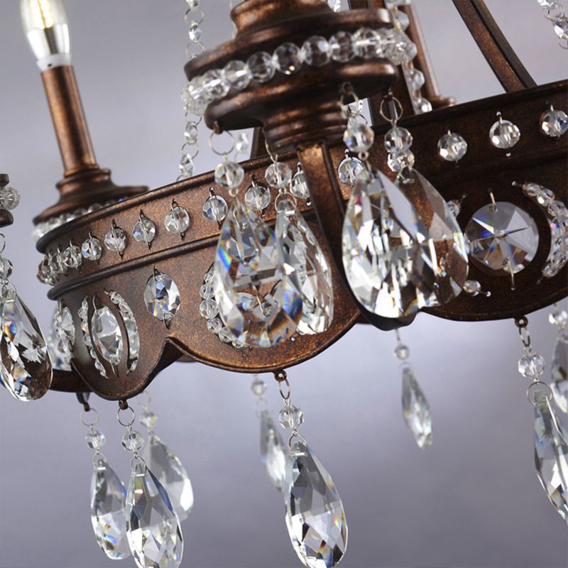 Metal Candle Chandelier Light Nordic 4 Lights Rust Hanging Light Fixture with Crystal Drop