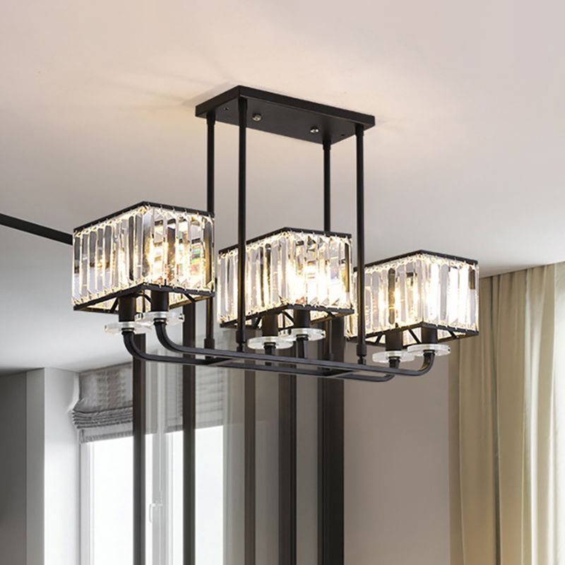 Cubic Shade Chandelier Light Vintage Prismatic Crystal 6/8 Lights Black Hanging Light for Living Room