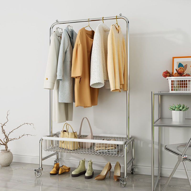 Industrial Metal Coat Rack Hanging Rail and Storage Basket Entryway Kit with Castors