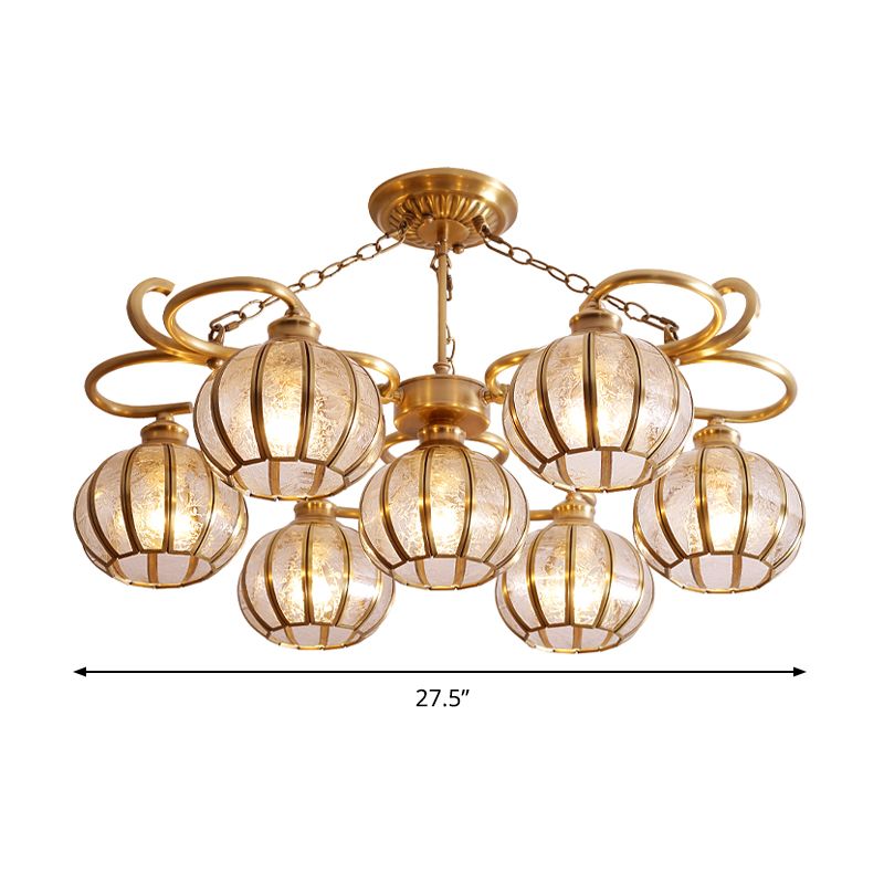 7 Heads Globe Semi Flush Light Traditional Gold Frosted Glass Ceiling Mounted Lamp