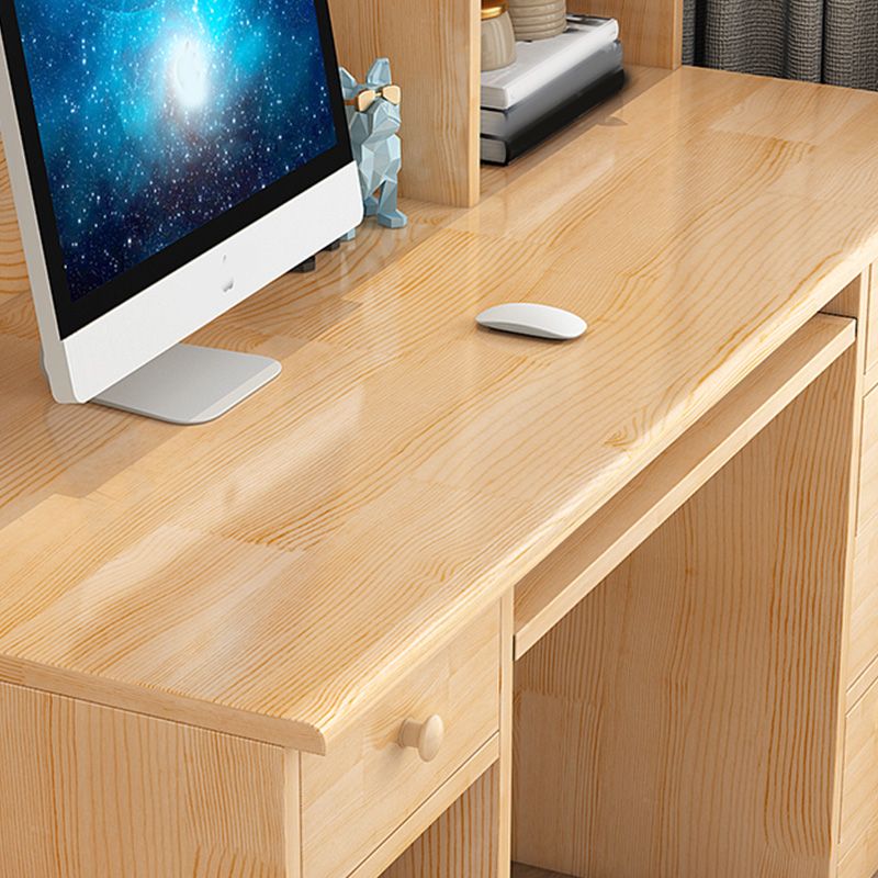 Computer Desk in Naturqal Solid Wood with 5 Drawers and Storage Shelves