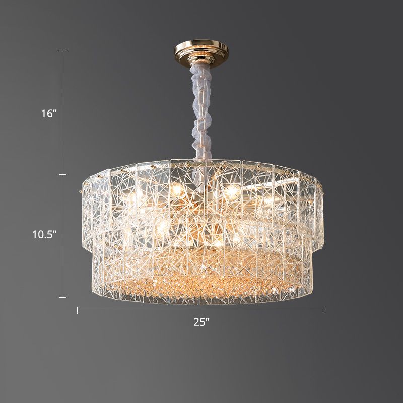 2-Tier Chandelier Pendant Light Modern Clear Glass Hanging Light with Octagonal Crystal Beads