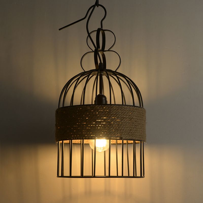 Vintage Birdcage Hanging Lamp Single-Bulb Iron Lighting Pendant with Hemp Rope in Black