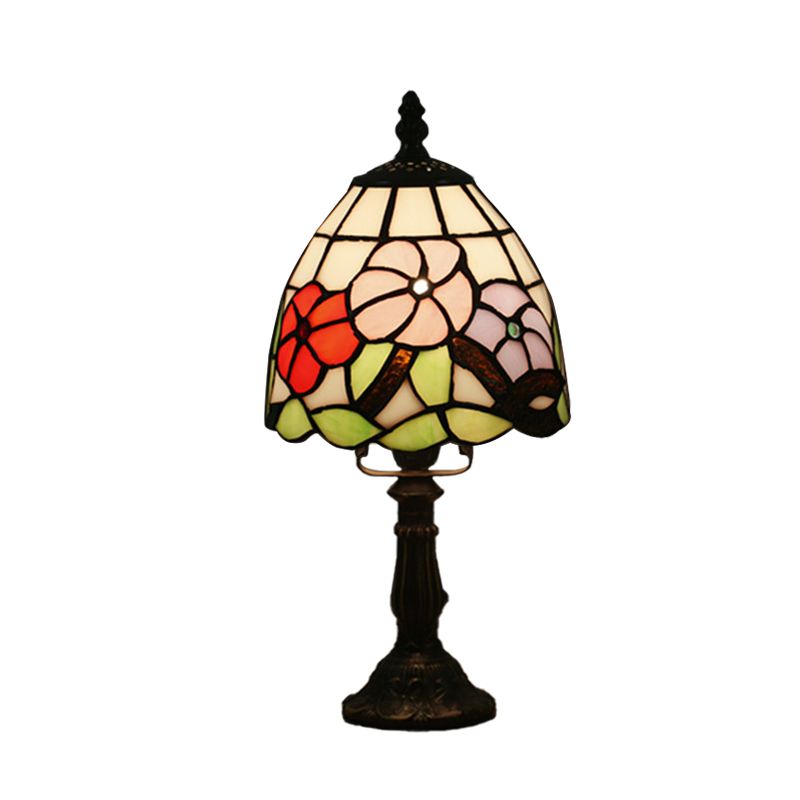 Dome Shape Nightstand Lighting 1-Light Stained Glass Baroque Style Blossom Patterned Table Lamp in Red/Pink/Orange