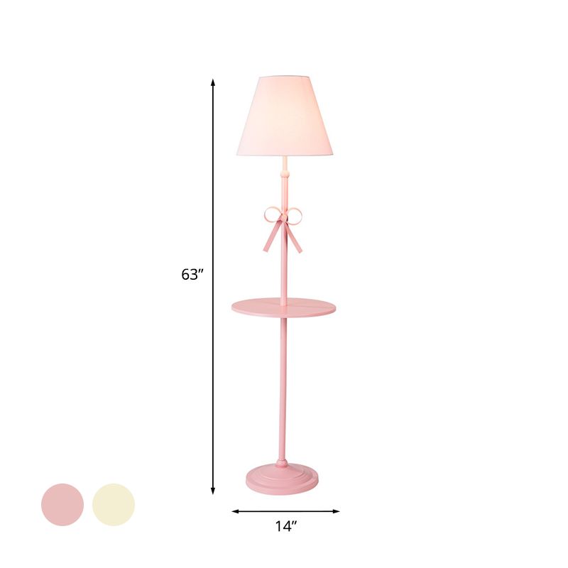 Fabric Conic Floor Standing Lamp Kids Single Beige/Pink Floor Lighting with Table and Bow-Knot