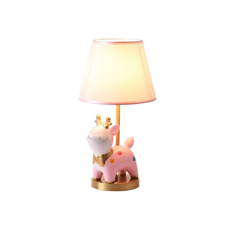 Sika Deer/Unicorn Bedside Table Lamp Resin Single Kids Night Light in Pink/Blue with Tapered Fabric Shade