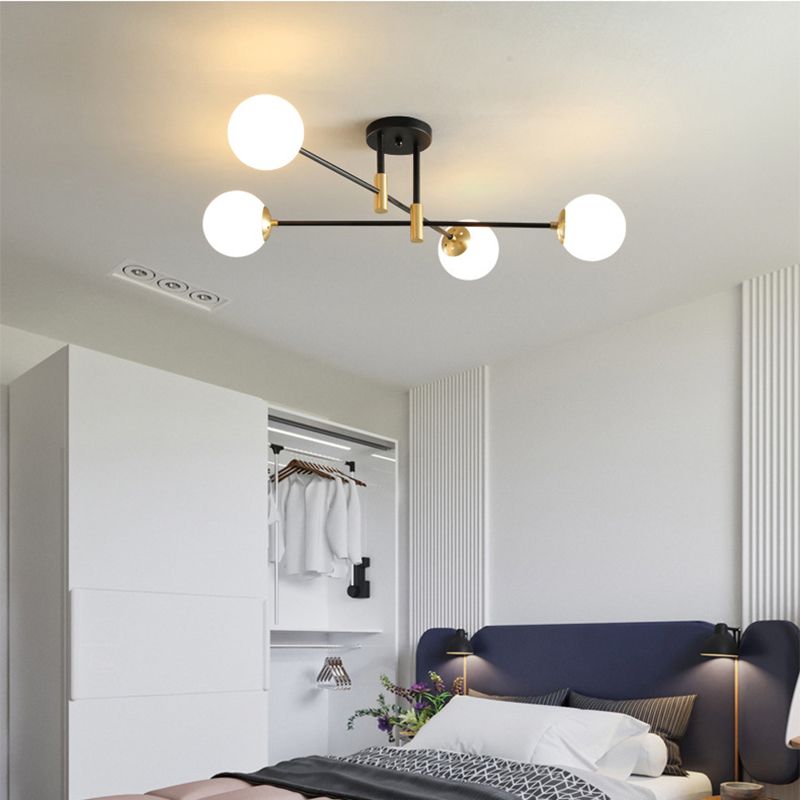 Opal Glass Shade Semi Flush Mount in industriale Luce a soffitto radiale in metallo in metallo in nero e oro