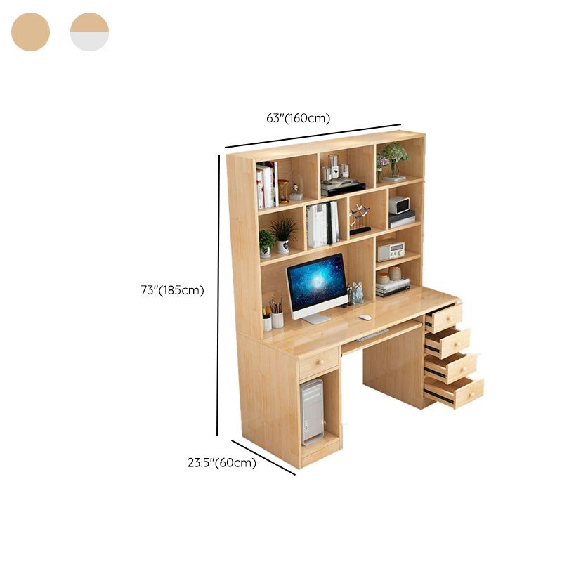 Computer Desk in Naturqal Solid Wood with 5 Drawers and Storage Shelves