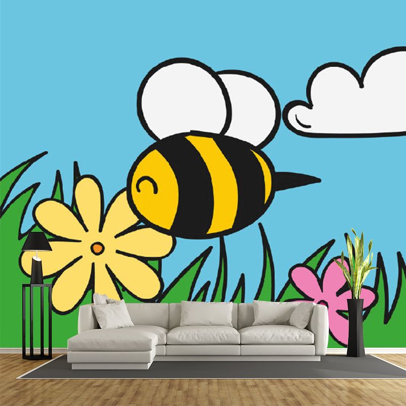 Extra Large Bee Mural Decal Cartoon Style Flower Wall Covering in Colorful, Stain Resistant