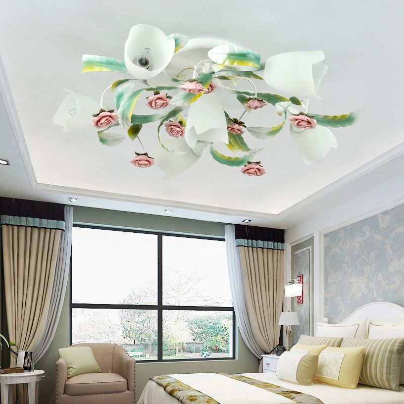 Floral Bedroom Ceiling Mount Chandelier Pastoral Frost Glass White Semi Flush Mount Lighting