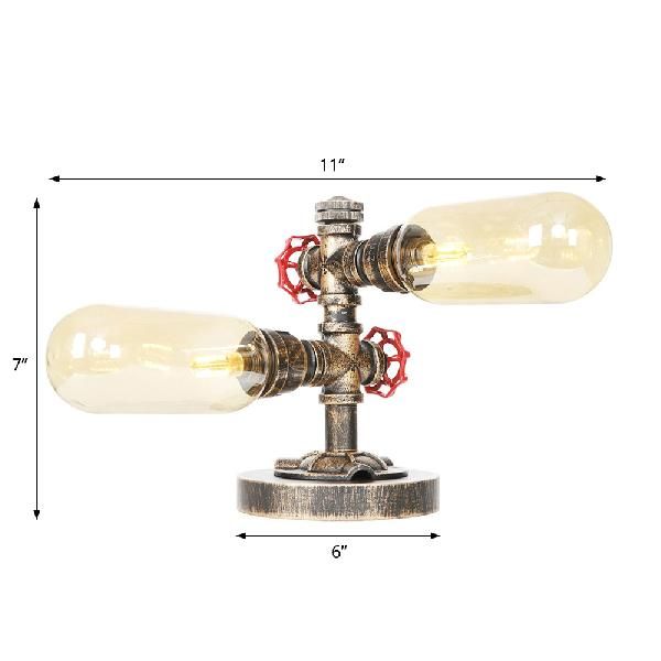 Industrial Oval Shade Desk Light 2-Bulb Clear/Amber Glass Table Lamp in Aged Bronze for Living Room