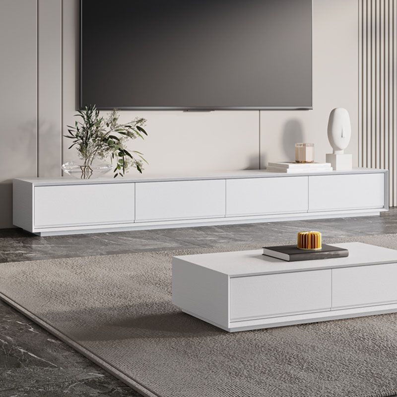 Contemporary TV Console White Wood/Stone Top TV Stand with Soft Close Drawers