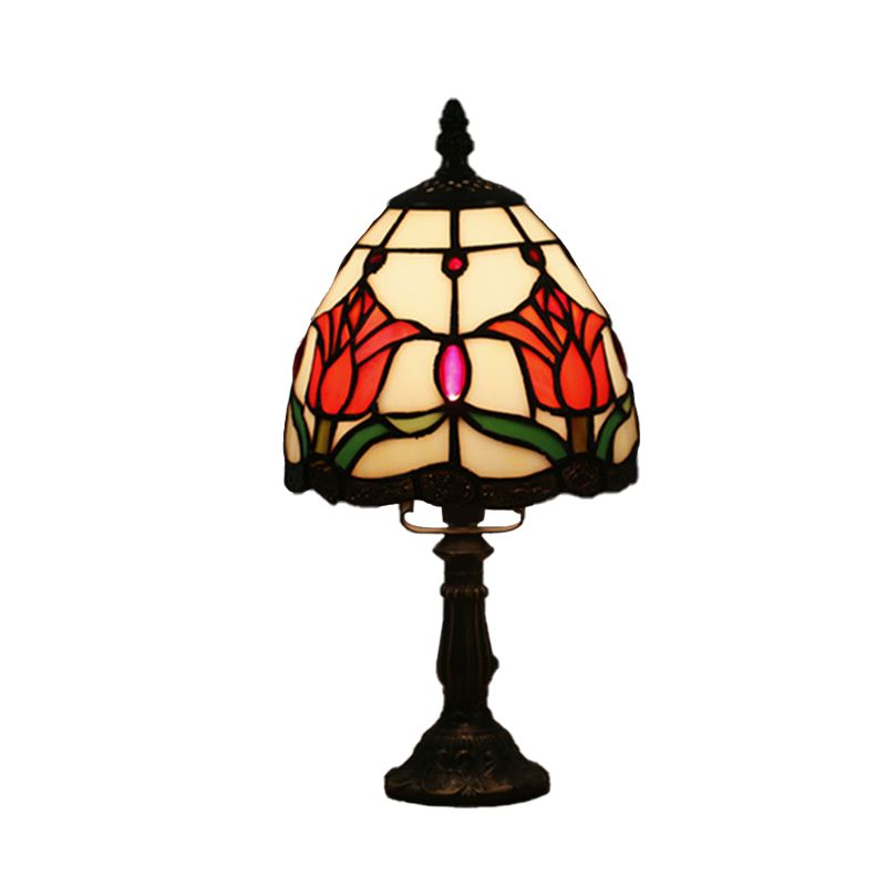 Dome Shape Nightstand Lighting 1-Light Stained Glass Baroque Style Blossom Patterned Table Lamp in Red/Pink/Orange