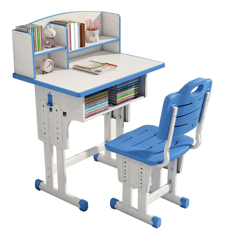 Adjustable Child Desk Solid Wood Desk and Chair Set with Bookshelf