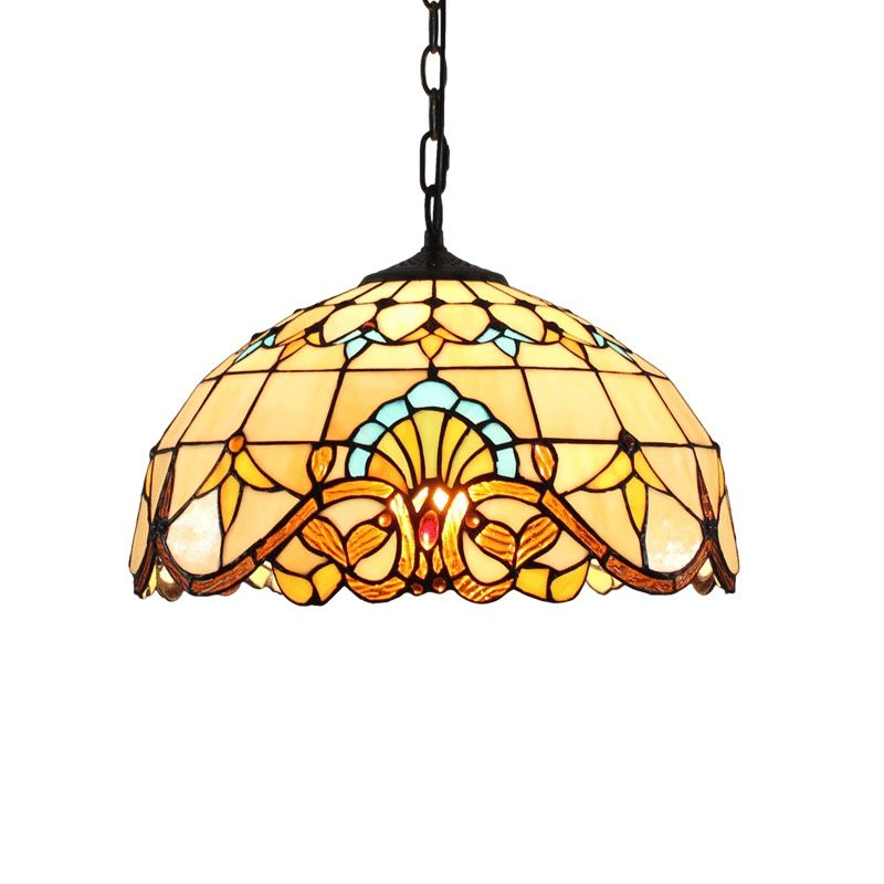 Iluminación de suspensión de cúpula de vidrio tiffany de beige de 1 linda para comedor