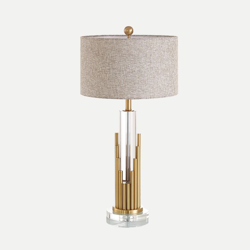 Modern Column Table Lamp Clear Crystal 1 Head Desk Light in Gold with Fabric Shade