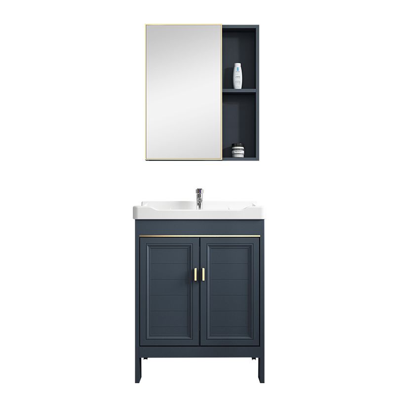 Blue Vanity Freestanding Rectangular Single Sink Mirror Metal Frame Vanity with 2 Doors