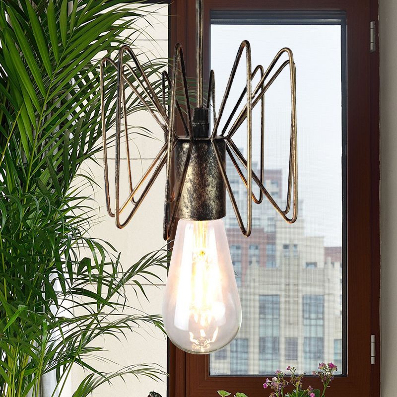 Farmhouse Open Bulb Hanging Lamp 1 Light Wrought Iron Pendant Lighting in Aged Brass for Restaurant