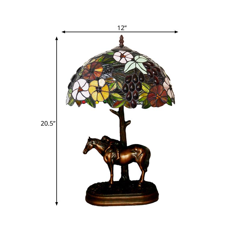 Painted Morning Glory Table Light Single Stained Art Glass Tiffany Nightstand Lamp with Horse Decor in Coffee