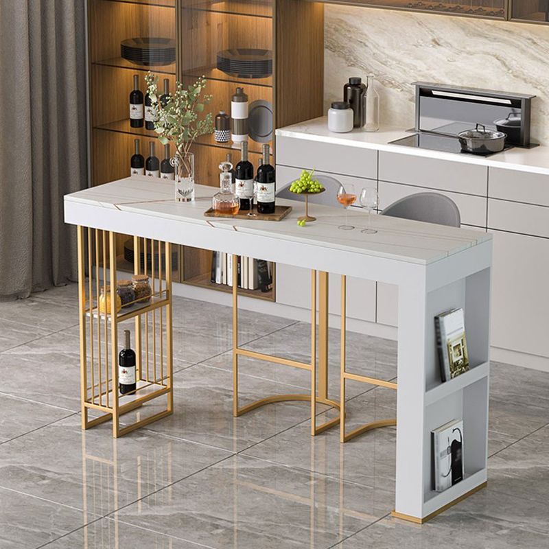 White Stone Bar Dining Table Traditional Luxury Rectangle Bar Table with Sled Base in Gold