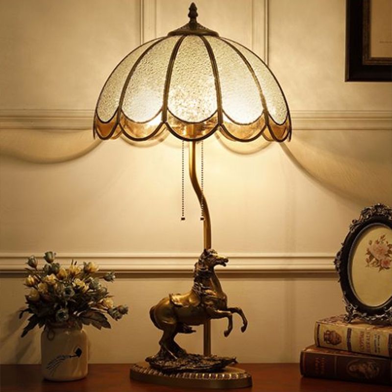 Brass 2-Light Table Light Vintage Water Glass Scalloped Night Lamp with Pull Chain and Horse Deco