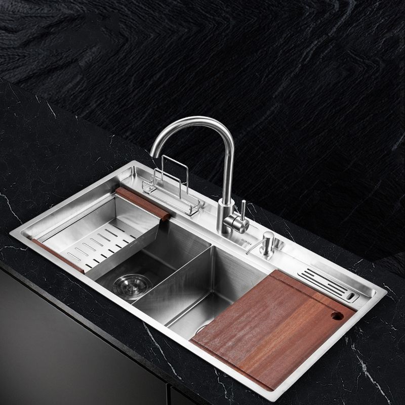 Modern Kitchen Sink Stainless Steel Double Sink with Grid and Strainer Workstation