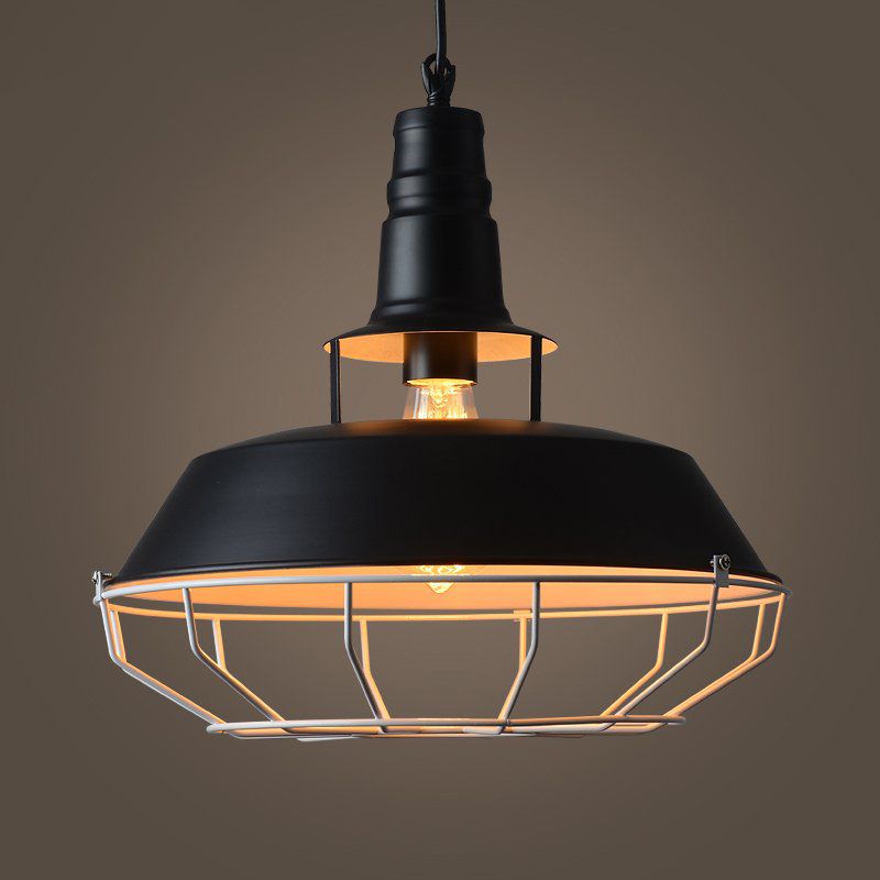 Black Barn Hanging Lighting Farmhouse Metallic 1-Head Restaurant Drop Pendant Lamp with Cage